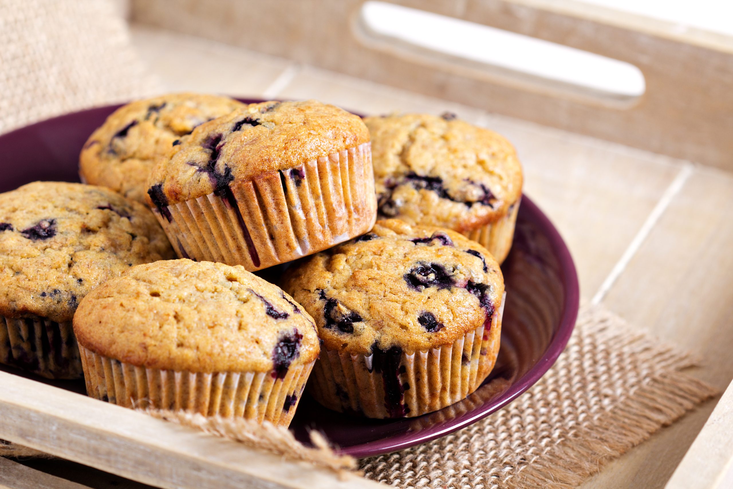 Home healthy blueberry banana muffins on a tray